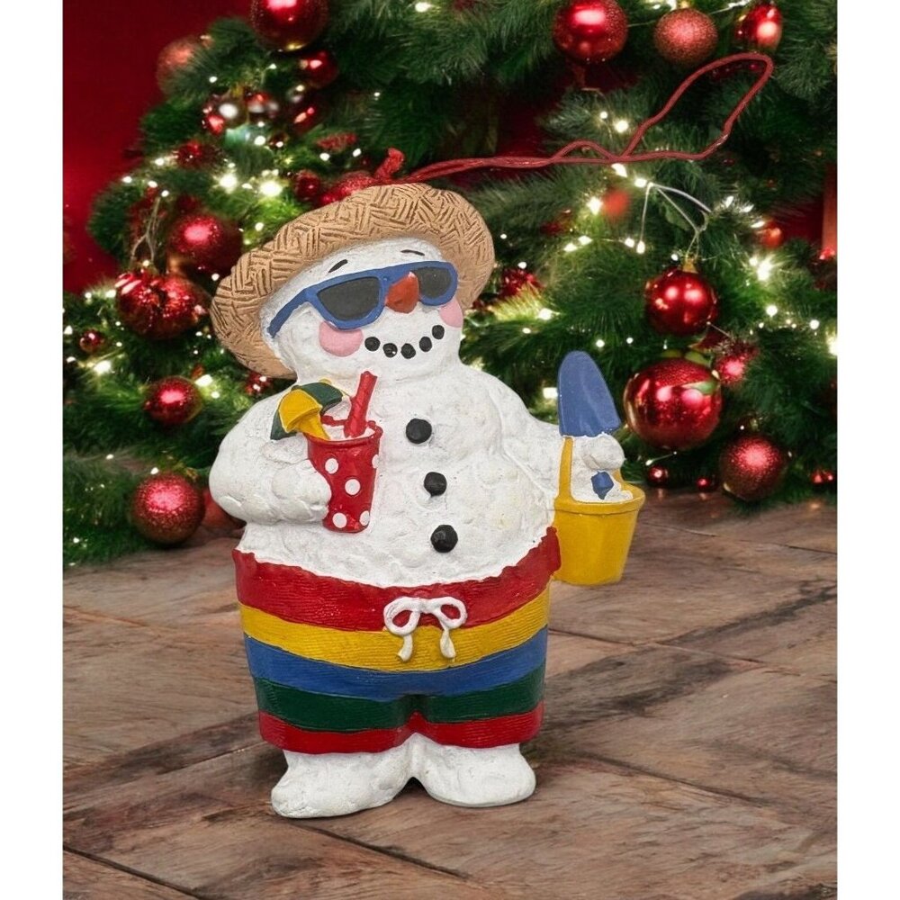 Vintage Beach  Snowman Christmas Tree Ornament Sunglasses & Beach Bucket